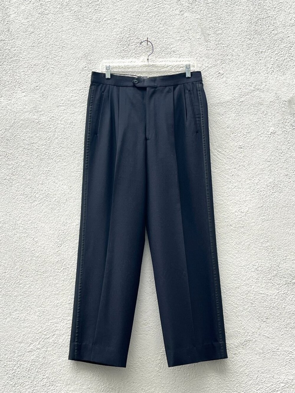 Vintage Men's Black Gabardine Pleated Wide Leg Tuxedo Dress Pants 32W